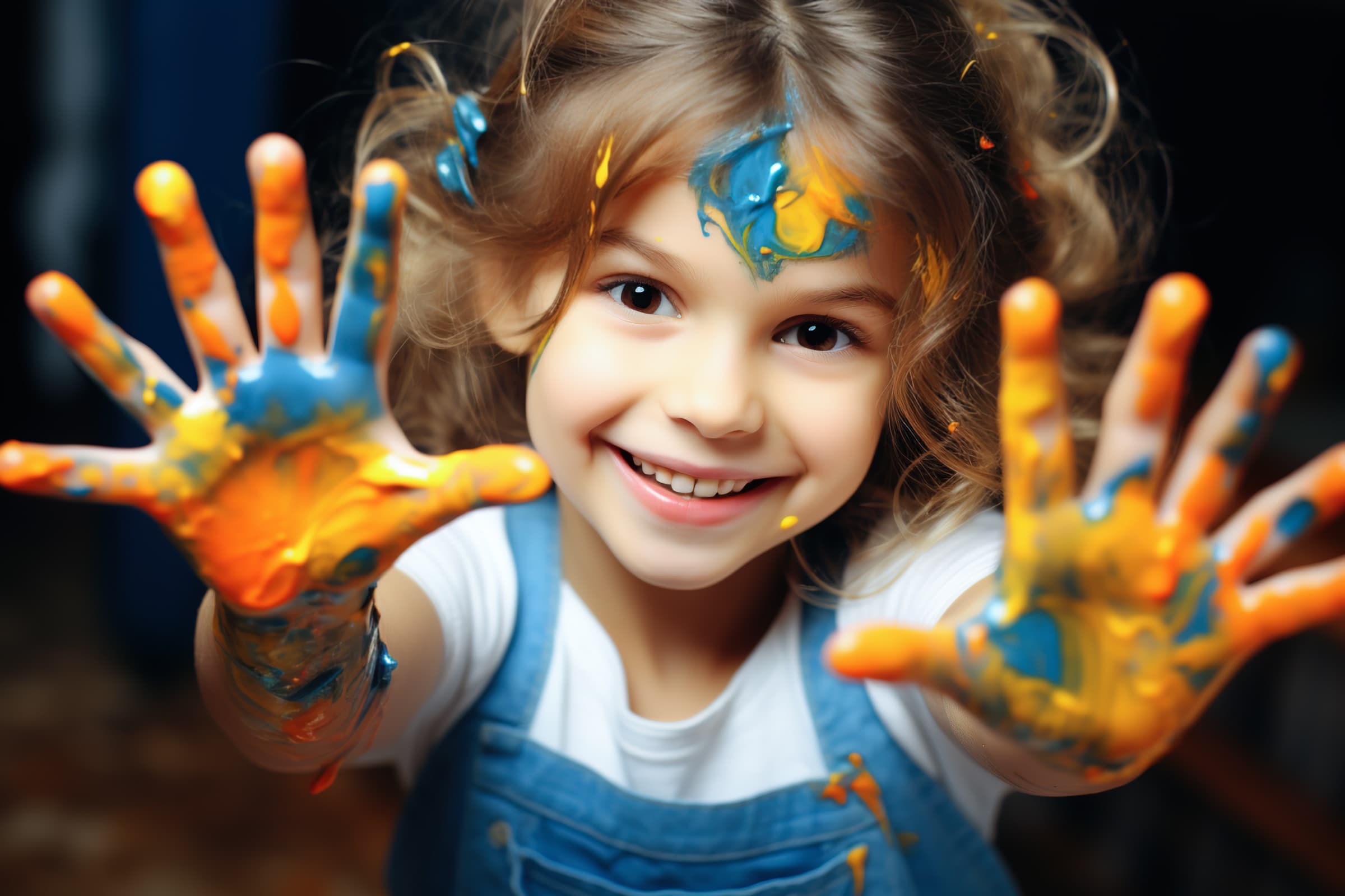 A child with brightly painted hands, laughing